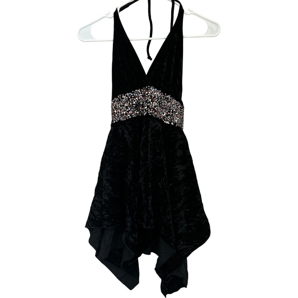 Demore Vtg 90s Y2K Whimsigoth Size L Black Velvet Asym Embellish Babydoll Top